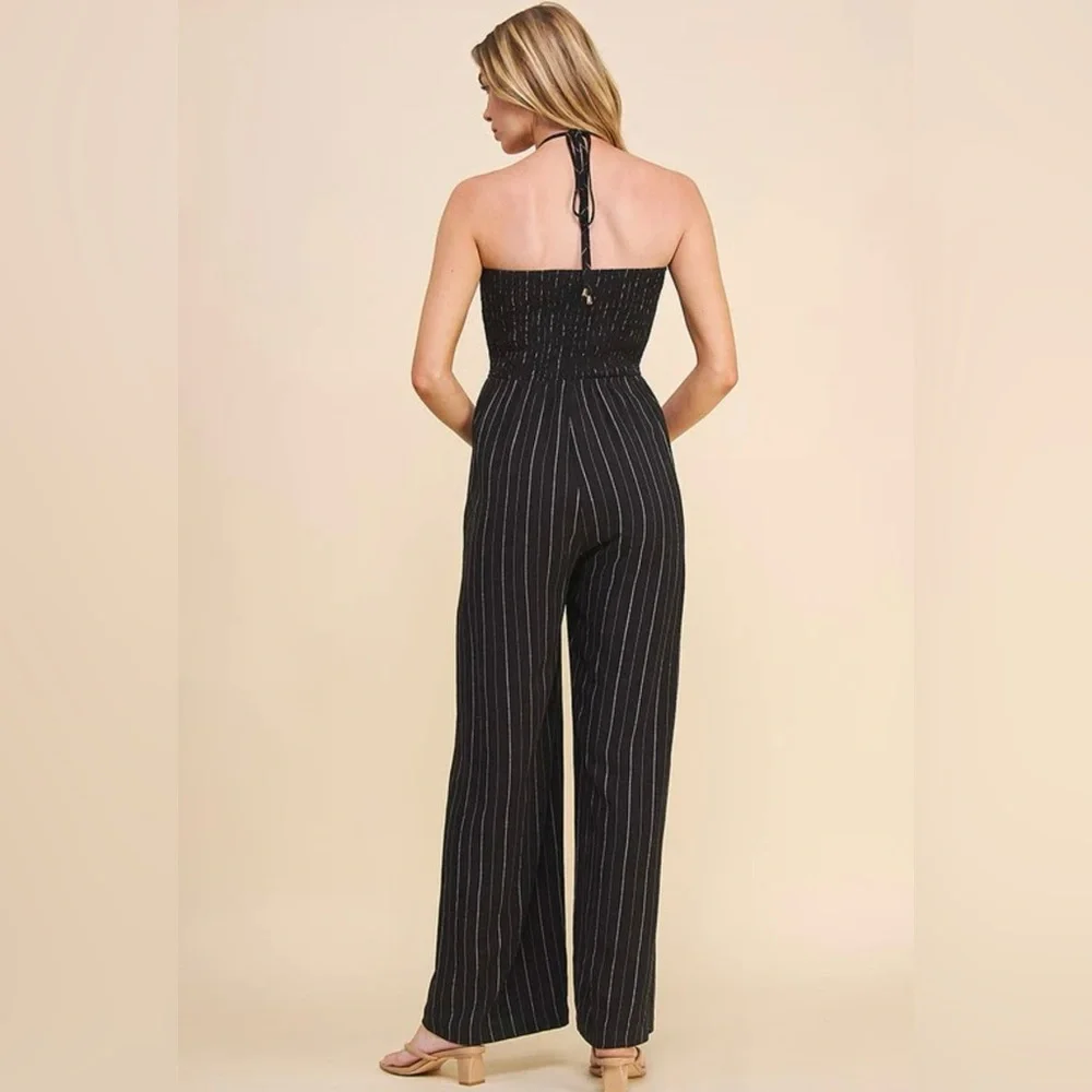 BNWT! Allie Rose, Harlow Halter Tie Jumpsuit in Black, Washed Pinstripe - Picture 3 of 12
